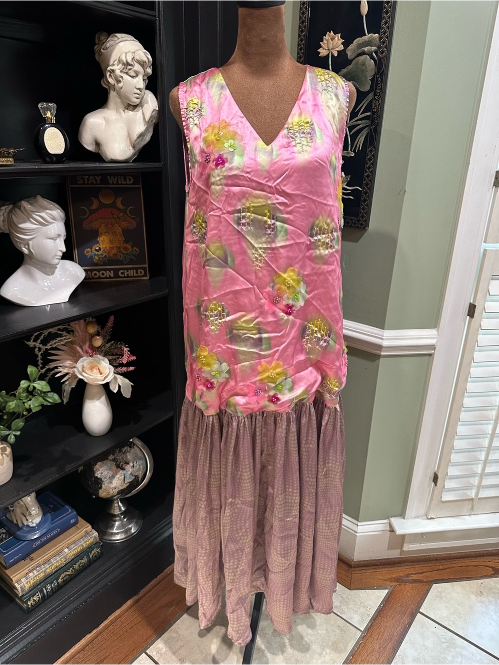 Anthropologie Pink Floral Sleeveless Long Dress with Mauve Tiered Skirt